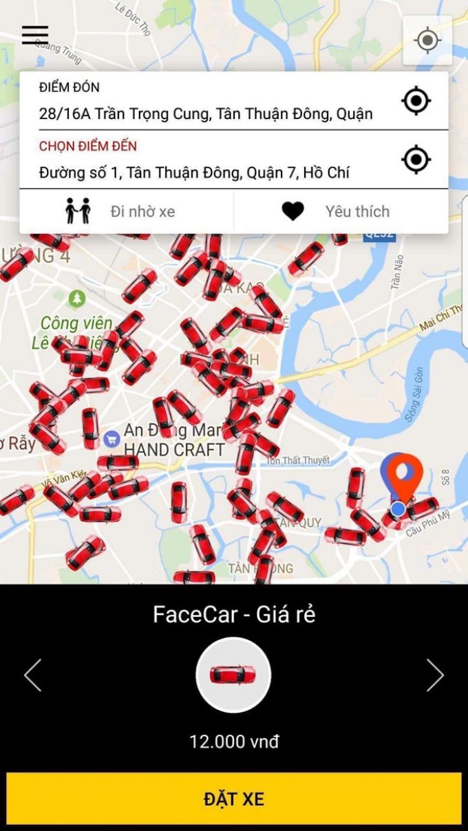 Giao diện ứng dụng đặt xe FaceCar.