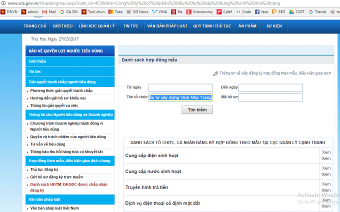 Kiểm tra thông tin tại website có địa chỉ http://www.vca.gov.vn/ thì hiện nay Công ty CP đầu tư xây dựng Vịnh Nha Trang chưa đăng ký hợp đồng mẫu theo quy định của pháp luật.