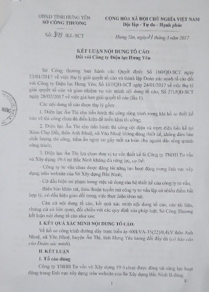 Văn bản kết luận nội dung tố cáo của Sở Công thương Hưng Yên.