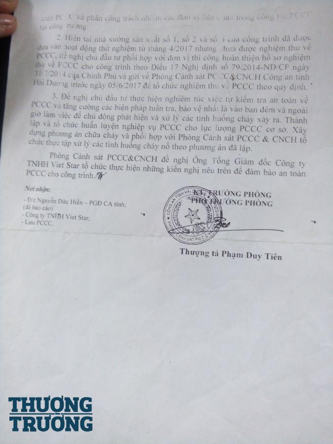 Văn bản yêu cầu Viet Star thực hiện quy định PCCC