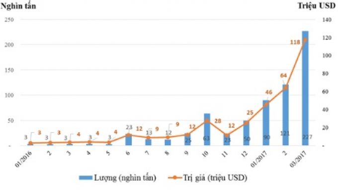 Lượng và trị giá nhập khẩu sắt thép các loại có xuất xứ từ Ấn Độ theo tháng từ 01/2016 đến tháng 3/2017. Nguồn: Tổng cục Hải quan