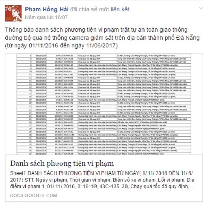 danh s&aacute;ch phương tiện vi phạm trật tự an to&agrave;n giao th&ocirc;ng đường bộ qua hệ thống camera gi&aacute;m s&aacute;t tr&ecirc;n địa b&agrave;n th&agrave;nh phố Đ&agrave; Nẵng (từ ng&agrave;y 01/11/2016 đến ng&agrave;y 11/06/2017)