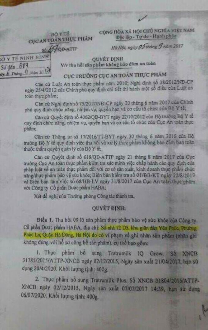 Quyết định thu hồi&nbsp;những sản phẩm 'kh&ocirc;ng đảm bảo an to&agrave;n' của C&ocirc;ng ty Cổ phần Dược phẩm HABA.