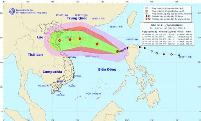 Ảnh vị tr&iacute; v&agrave; đường đi của b&atilde;o số 11 (b&atilde;o Khuna)