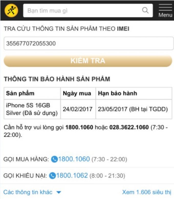 Th&ocirc;ng tin bảo h&agrave;nh sản phẩm của chiếc iPhone m&agrave; anh T đang sở hữu.