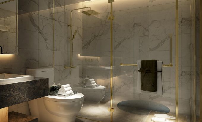 Nội thất ph&ograve;ng tắm mạ v&agrave;ng được cung cấp bởi Kohler mang h&igrave;nh thức kh&aacute;ch sạn 5 sao với to&agrave;n bộ tường, s&agrave;n ốp l&aacute;t đ&aacute; cẩm thạch sang trọng. 