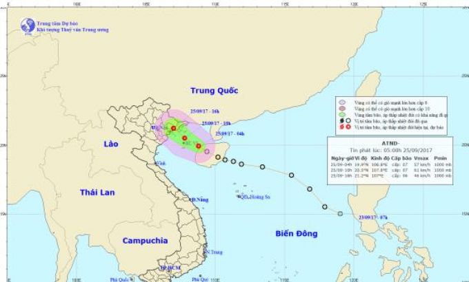 Áp thấp nhiệt đới đi vào đất liền, gây mưa to khu vực phía Đông Bắc
