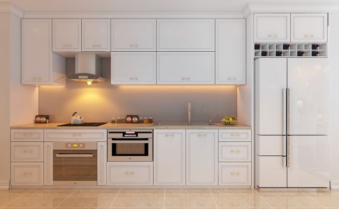 Khu vực bếp c&oacute; đầy đủ c&aacute;c thiết bị sang trọng, đồng bộ như tủ bếp, bếp từ, m&aacute;y h&uacute;t m&ugrave;i, chậu - v&ograve;i rửa. Hệ thống tủ &acirc;m tường, tủ lavabo thiết kế theo phong c&aacute;ch hiện đại, sang trọng, sử dụng c&aacute;c phụ kiện (bản lề, tay nắm cửa&hellip;) nhập khẩu.