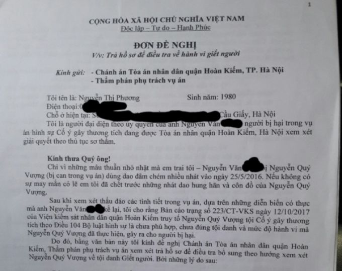 Đơn đề nghị của ph&iacute;a bị hại