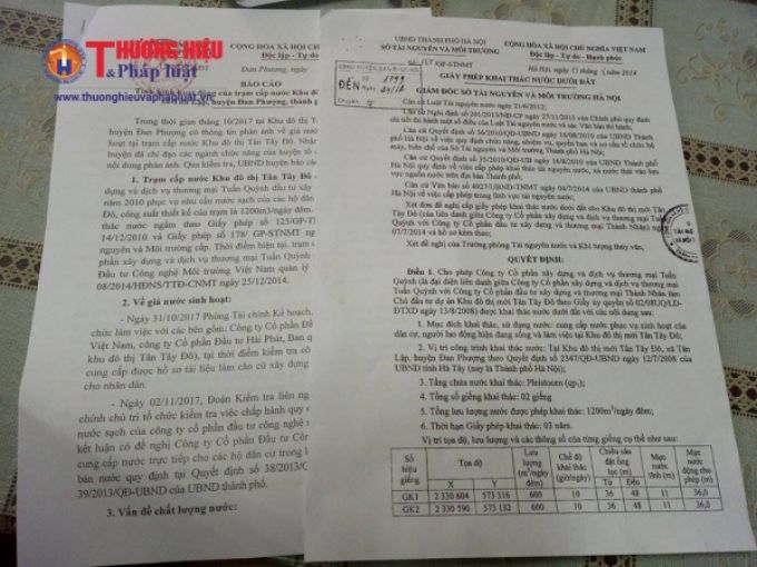 B&aacute;o c&aacute;o v&agrave; giấy ph&eacute;p khai th&aacute;c nước của Trạm cấp nước T&acirc;n T&acirc;y Đ&ocirc;.