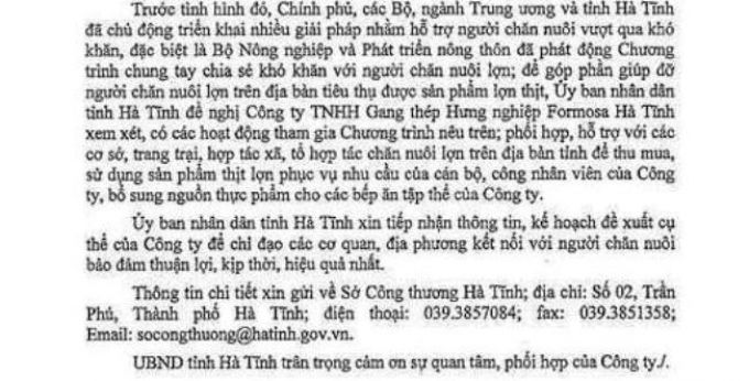 Nhà chức trách Hà Tĩnh đề nghị Formosa có các hoạt động phối hợp, hỗ trợ tham gia 