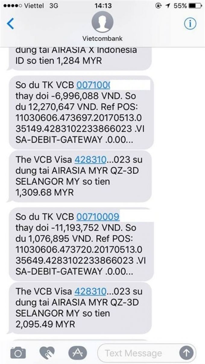 chủ tài khoản Vietcombank nhận được tin nhắn thông báo tài khoản phát sinh 7 giao dịch, tổng số tiền bị mất hơn 30 triệu đồng