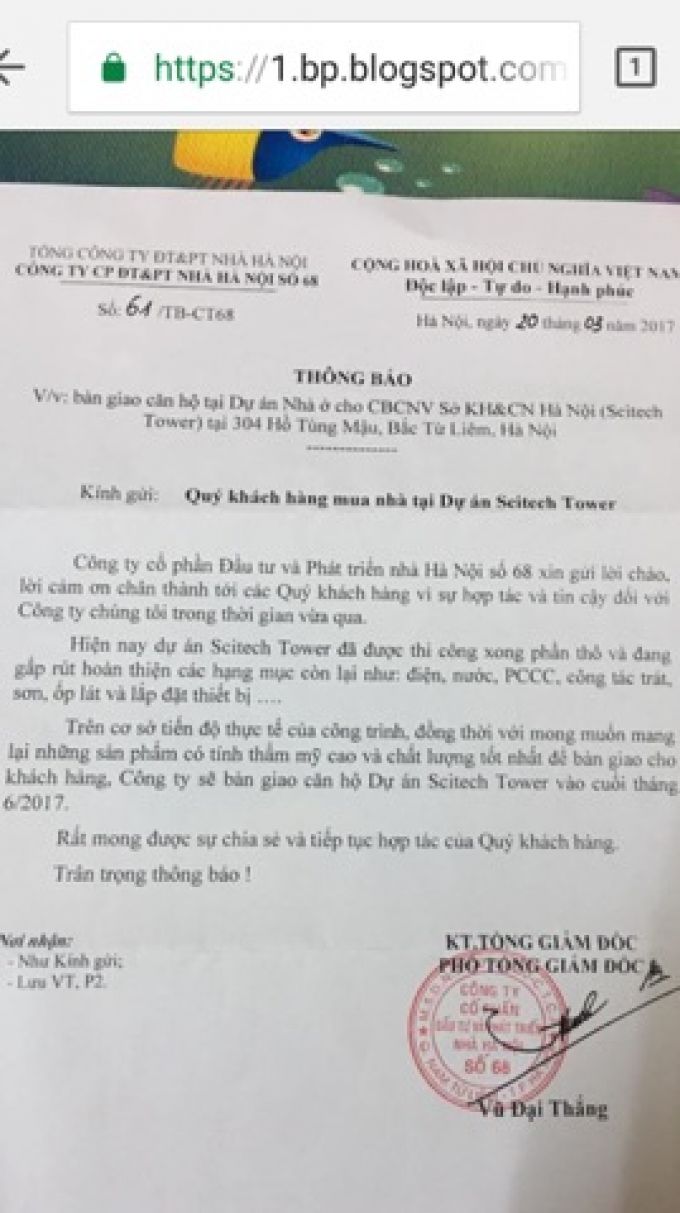 Văn bản th&ocirc;ng b&aacute;o về việc b&agrave;n giao của c&ocirc;ng ty cổ phần đầu tư v&agrave; ph&aacute;t triển nh&agrave; H&agrave; Nội số 68
