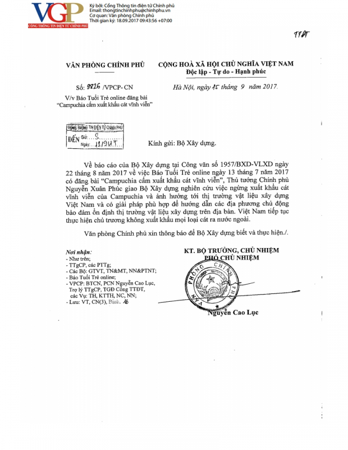 Thủ tướng Nguyễn Xuân Phúc Tiếp tục thực hiện không xuất khẩu mọi loại cát ra nước ngoài