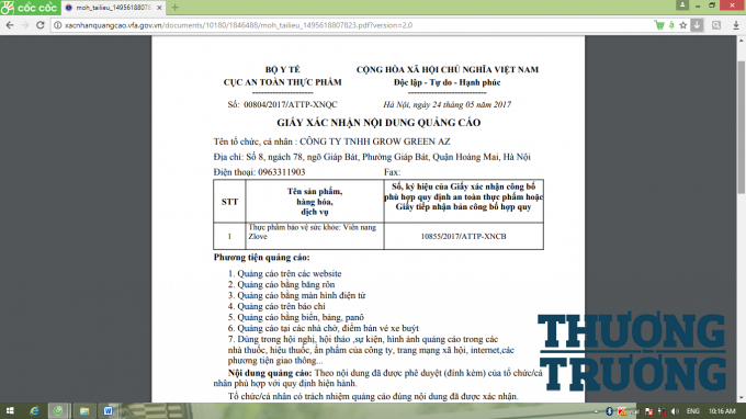 xác nhận công bố quảng cáo số: 00804/2017/ATTP-XNQC do Cục An toàn thực phẩm cấp ngày 24/5/2017 cho Công ty TNHH Grow Green AZ