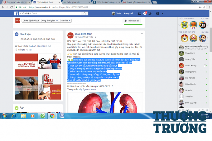 Fanepage facebook &ldquo;Chữa bệnh gout&rdquo; , b&agrave;i viết li&ecirc;n tục ca tụng t&aacute;c dụng của sản phẩm Gout AZ khẳng định Gout AZ - điều trị bệnh g&uacute;t tận gốc