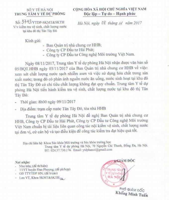 Trong văn bản c&oacute; phản &aacute;nh nguồn nước ăn uống, nước sinh hoạt tại Khu đ&ocirc; thị T&acirc;n T&acirc;y Đ&ocirc; c&oacute; chỉ ti&ecirc;u kh&ocirc;ng đạt chuẩn.