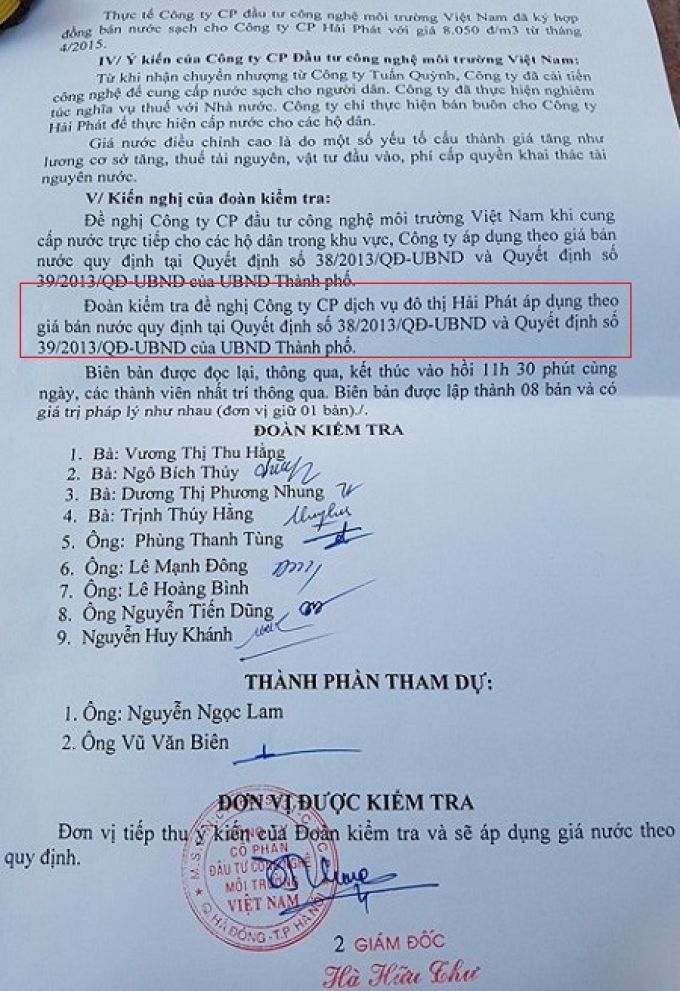 Bi&ecirc;n bản kiểm tra của Sở T&agrave;i ch&iacute;nh H&agrave; Nội việc chấp h&agrave;nh quy định nh&agrave; nước về quản l&yacute; nước sạch tại C&ocirc;ng ty CP Đầu tư C&ocirc;ng nghệ m&ocirc;i trường Việt Nam