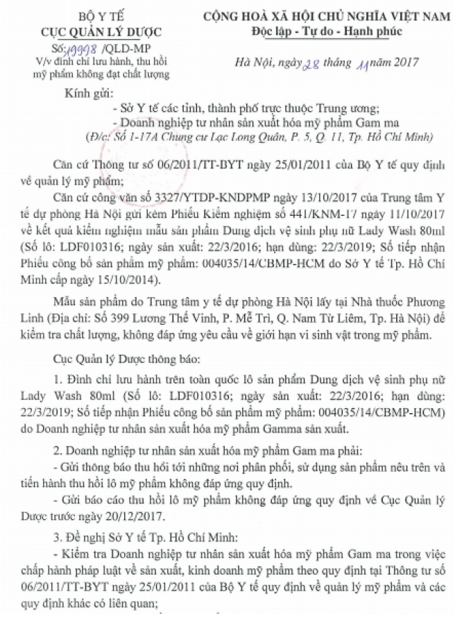 Quyết định đ&igrave;nh chỉ lưu h&agrave;nh tr&ecirc;n to&agrave;n quốc v&agrave; thu hồi l&ocirc; sản phẩm Dung dịch vệ sinh phụ nữ Lady Wash 80 ml.