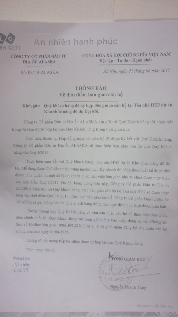 -	Sau khi chậm b&agrave;n giao nhiều th&aacute;ng, CĐT mới th&ocirc;ng b&aacute;o &ldquo;V&igrave; một số l&yacute; do kh&aacute;ch quan n&ecirc;n việc b&agrave;n giao nh&agrave; sẽ chưa được thực hiện v&agrave;o qu&yacute; I.2017&rdquo;!