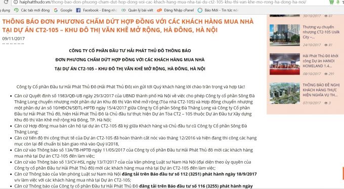 Th&ocirc;ng b&aacute;o đơn phương chấm dứt Hợp đồng đối với c&aacute;c Qu&yacute; kh&aacute;ch h&agrave;ng của Hải Ph&aacute;t Thủ đ&ocirc; đăng c&ocirc;ng khai tr&ecirc;n website của DN n&agrave;y.